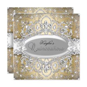 Silver & Gold Damask Pearl Quinceanera Invite