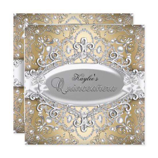 Silver & Gold Damask Pearl Quinceanera Invite