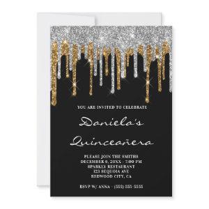 Silver Gold Glitter Drips Black Quinceañera