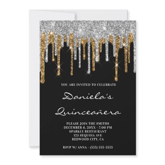 Silver Gold Glitter Drips Black Quinceañera