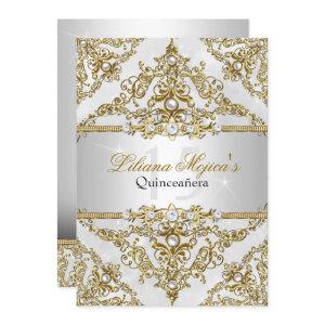 Silver & Gold Pearl Damask Quinceanera Invite