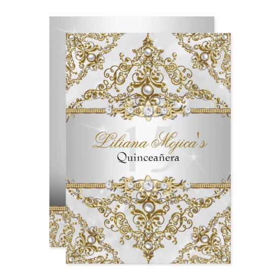 Silver & Gold Pearl Damask Quinceanera Invite