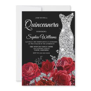 Silver Gown Red Roses Black Quinceanera Party