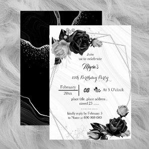 silver gray & black flowers geometric birthday