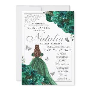 Silver & Green Princess Dress Flowers Quinceanera