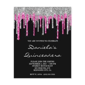 Silver Hot Pink Glitter Drip Quinceañera Invite