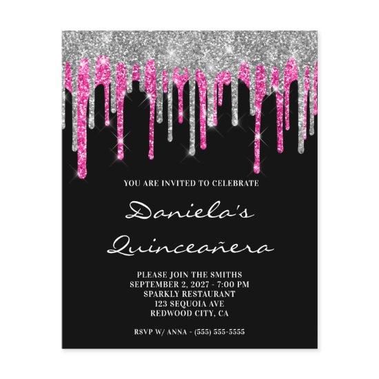 Silver Hot Pink Glitter Drip Quinceañera Invite