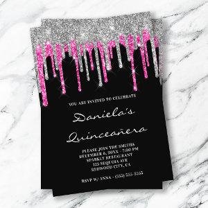 Silver Hot Pink Glitter Drips Black Quinceañera