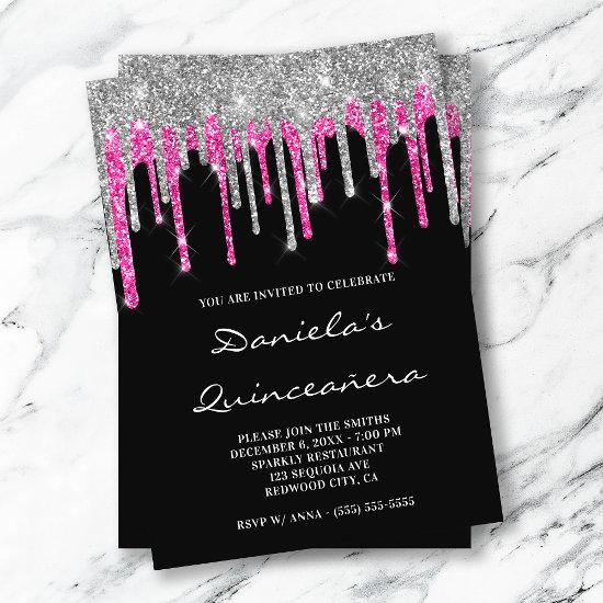 Silver Hot Pink Glitter Drips Black Quinceañera