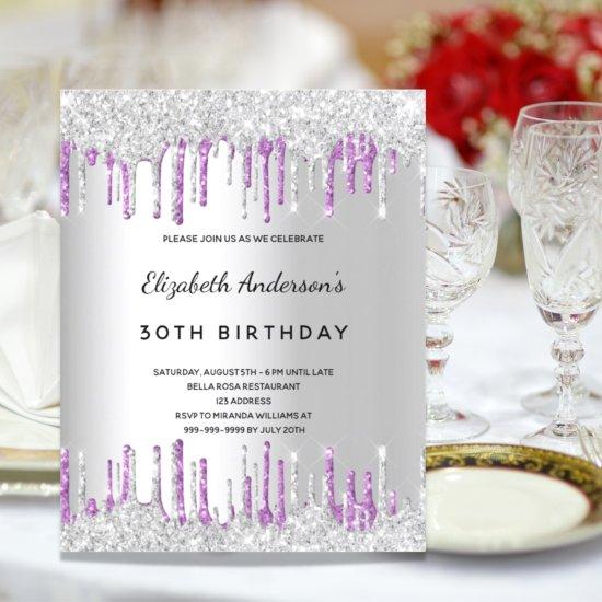 Silver lavender glitter drips birthday
