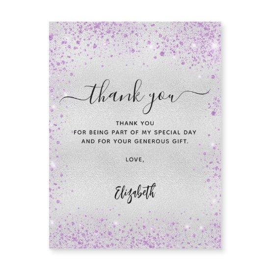 Silver lavender glitter thank you card