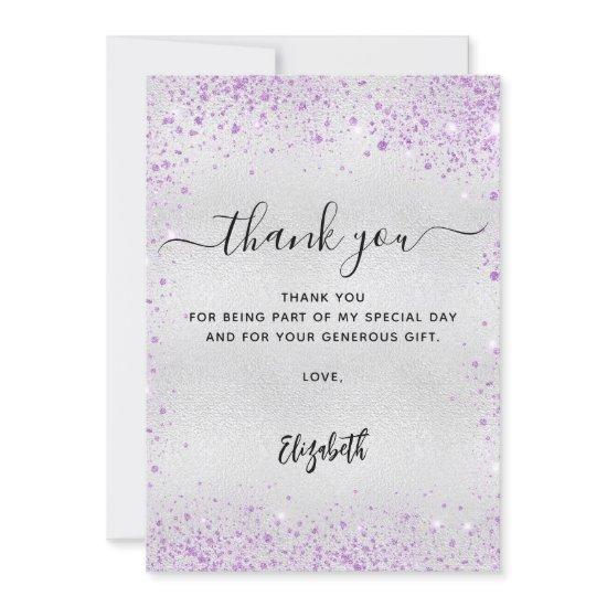 Silver lavender glitter thank you card