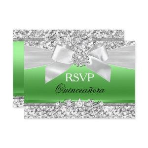 Silver Lime Green Glitter Bow Quinceanera RSVP
