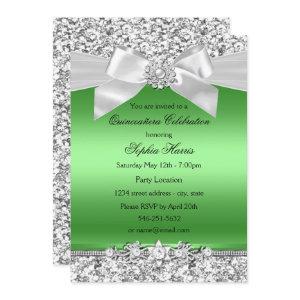 Silver Lime Green Glitter Jewel Bow Quinceanera