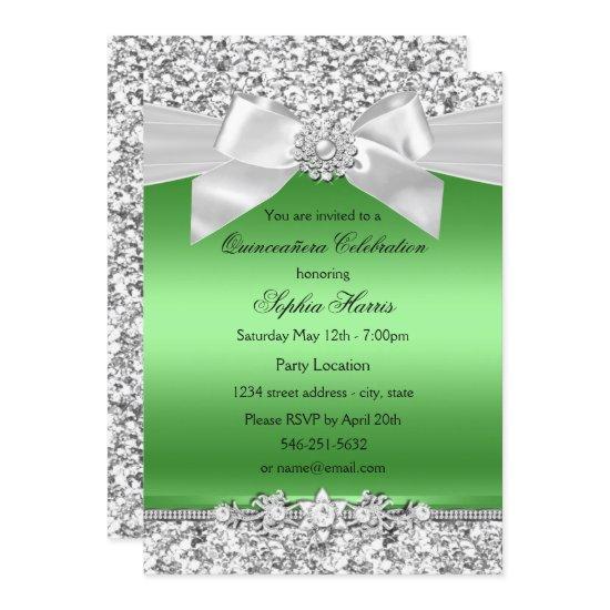 Silver Lime Green Glitter Jewel Bow Quinceanera