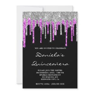 Silver Magenta Glitter Drips Black Quinceañera