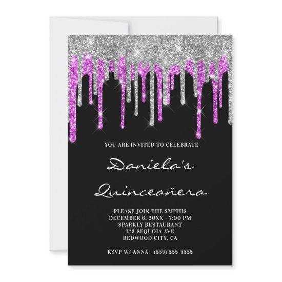 Silver Magenta Glitter Drips Black Quinceañera