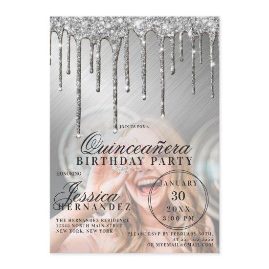 Silver Metallic Glitter Drips Photo Quinceañera