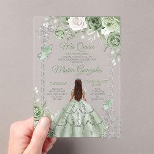 Silver Mis Quince Sage Green Floral Quinceañera Acrylic
