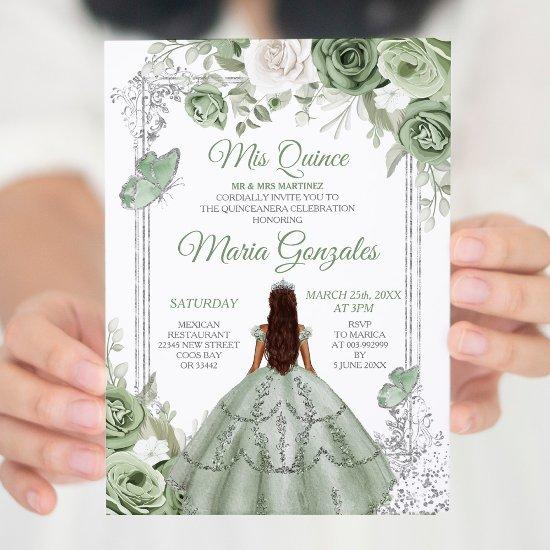 Silver Mis Quince Sage Green Floral Quinceañera