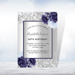 Silver navy blue floral elegant birthday