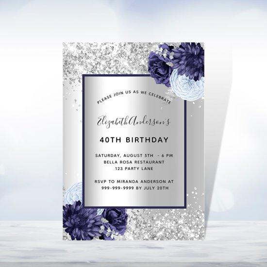 Silver navy blue floral elegant birthday
