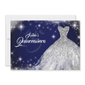 Silver Navy Blue Lace Diamond Gown Quinceanera