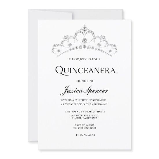 Silver & Navy Diamond Tiara Quinceanera Invite
