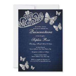 Silver Navy Jewel Tiara Butterfly Quinceanera