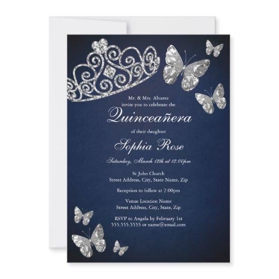 Silver Navy Jewel Tiara Butterfly Quinceanera