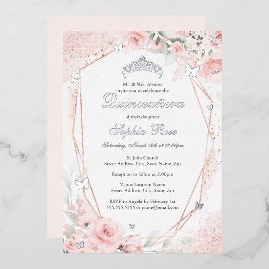 Silver Pink Blush Butterfly Floral Quinceanera Foil