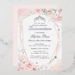 Silver Pink Blush Butterfly Floral Quinceanera Foil