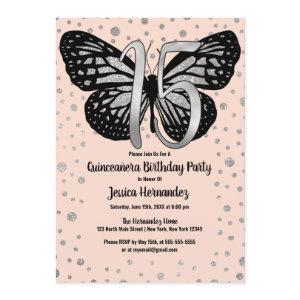 Silver Pink Butterfly Glitter Confetti Quinceañera