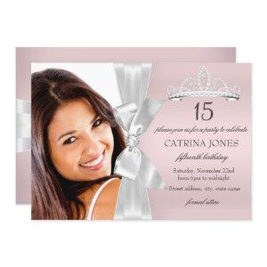 Silver Pink Diamond Bow Tiara Quinceanera Invite