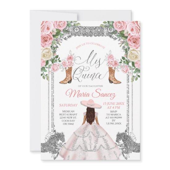 Silver & Pink Floral Charra Quinceanera Birthday