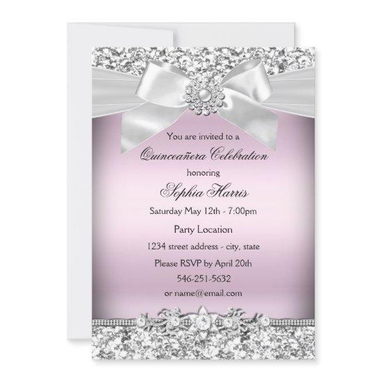 Silver Pink Glitter & Jewel Bow Quinceanera