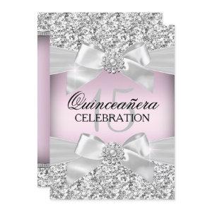 Silver Pink Glitter & Jewel Bow Quinceanera Invite