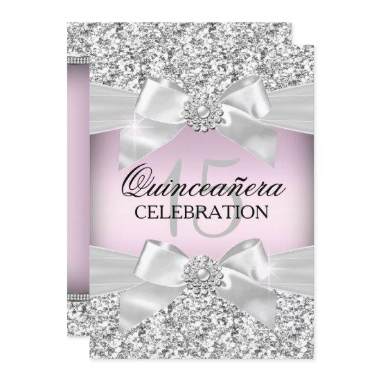 Silver Pink Glitter & Jewel Bow Quinceanera Invite