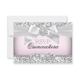 Silver Pink Glitter & Jewel Bow Quinceanera RSVP