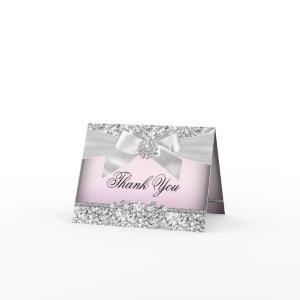 Silver Pink Glitter & Jewel Bow Thank You Card
