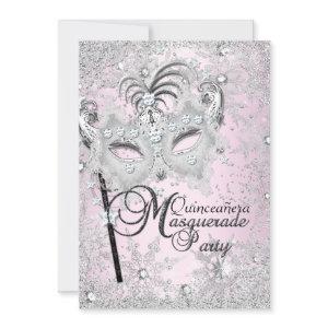 Silver Pink Snowflake Mask Masquerade Quinceanera RSVP Card