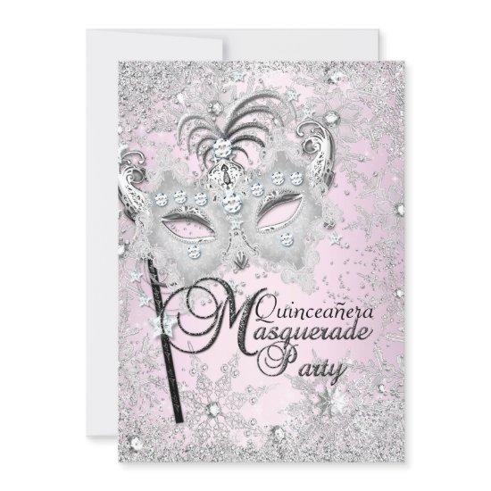 Silver Pink Snowflake Mask Masquerade Quinceanera RSVP Card