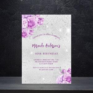 Silver pink violet flowers birthday  postcard