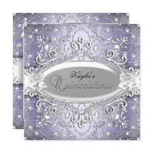 Silver & Purple Damask Pearl Quinceanera Invite