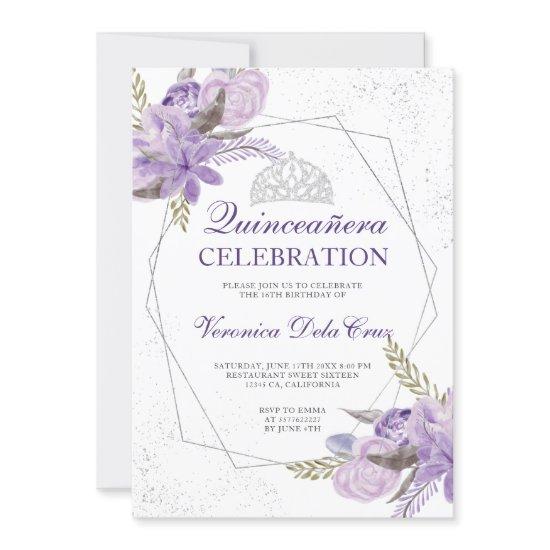 Silver purple floral watercolor Quinceanera