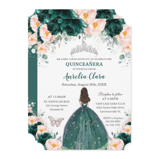Silver Quinceañera Emerald Blush Floral Princess