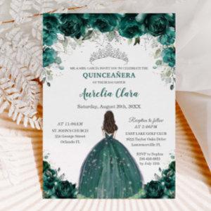 Silver Quinceañera Emerald Green Floral Princess
