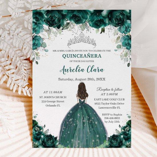 Silver Quinceañera Emerald Green Floral Princess