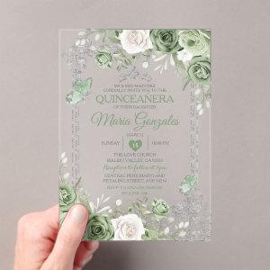 Silver Quinceañera Sage Green Crown Butterfly Acrylic