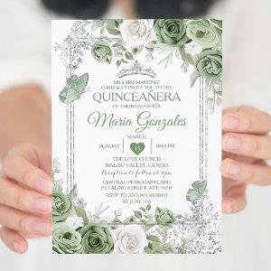Silver Quinceañera Sage Green Crown Butterfly